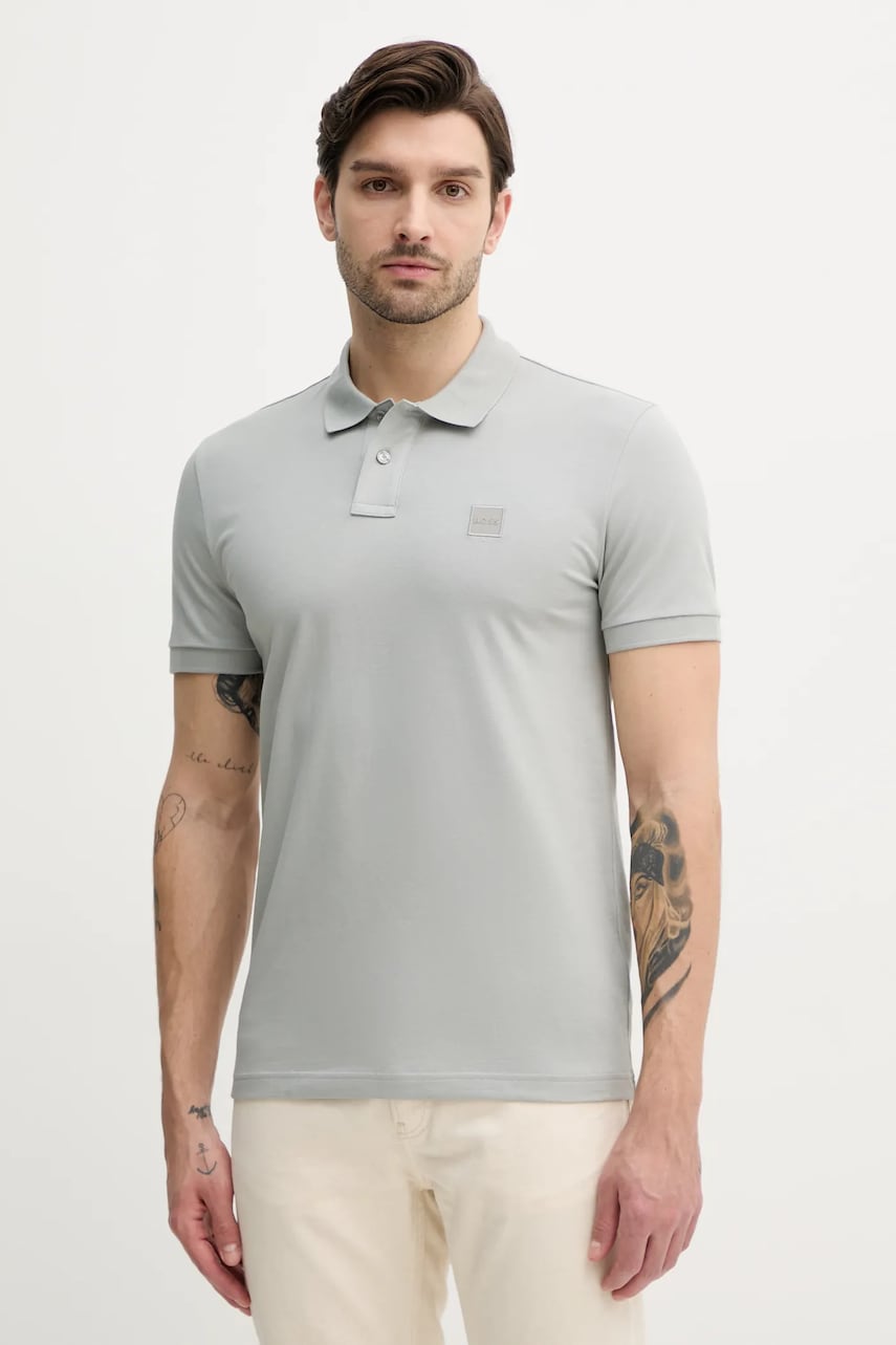 BOSS Orange tricou polo barbati, culoarea gri, neted, 50507803 BOSS Orange tricou polo barbati, culoarea gri, neted, 50507803
