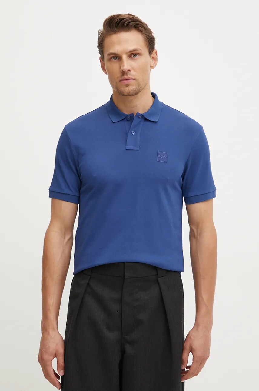 BOSS Orange tricou polo bărbați, culoarea albastru, uni, 50507803