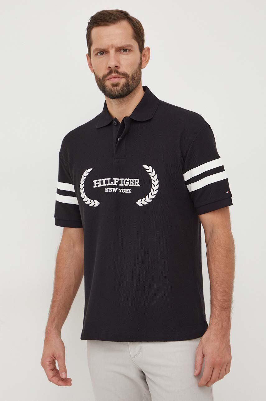 Levně Bavlněné polo tričko Tommy Hilfiger černá barva, s aplikací, MW0MW33588