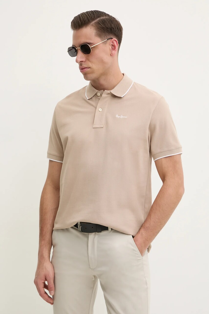Pepe Jeans polo de bumbac Hans culoarea bej, neted