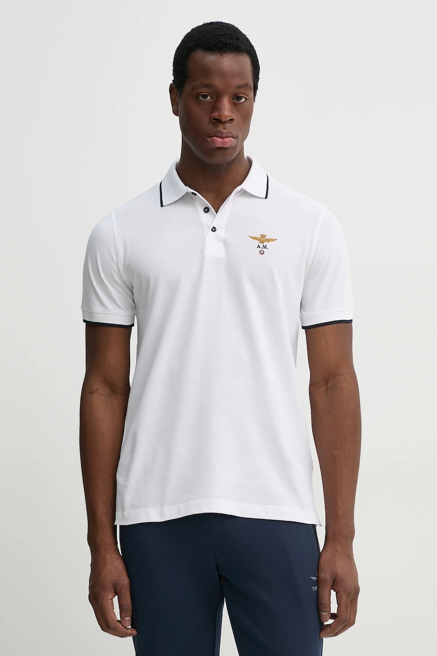 Aeronautica Militare polo de bumbac culoarea alb, cu imprimeu, PO1308P82 Aeronautica Militare polo de bumbac culoarea alb, cu imprimeu, PO1308P82