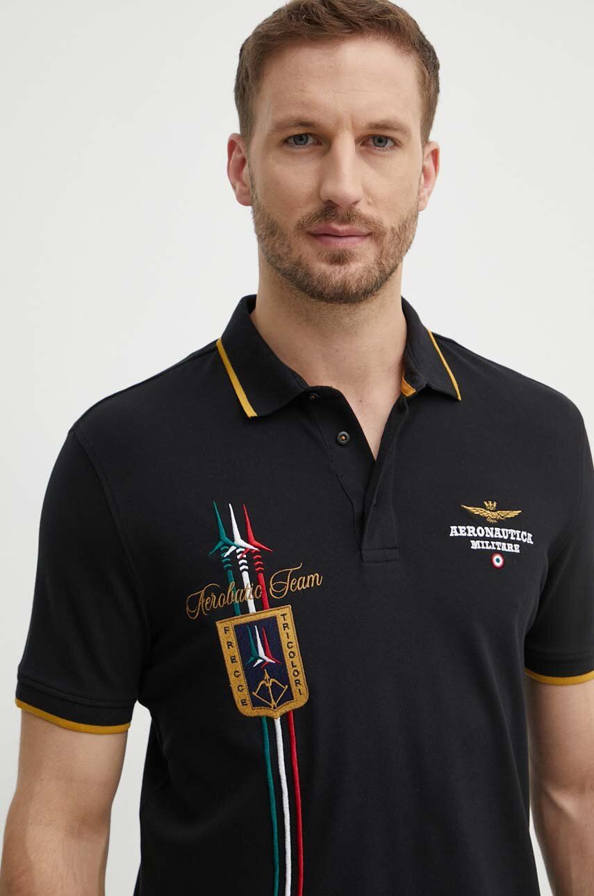 Aeronautica Militare tricou polo barbati, culoarea negru, cu imprimeu, PO1763P191