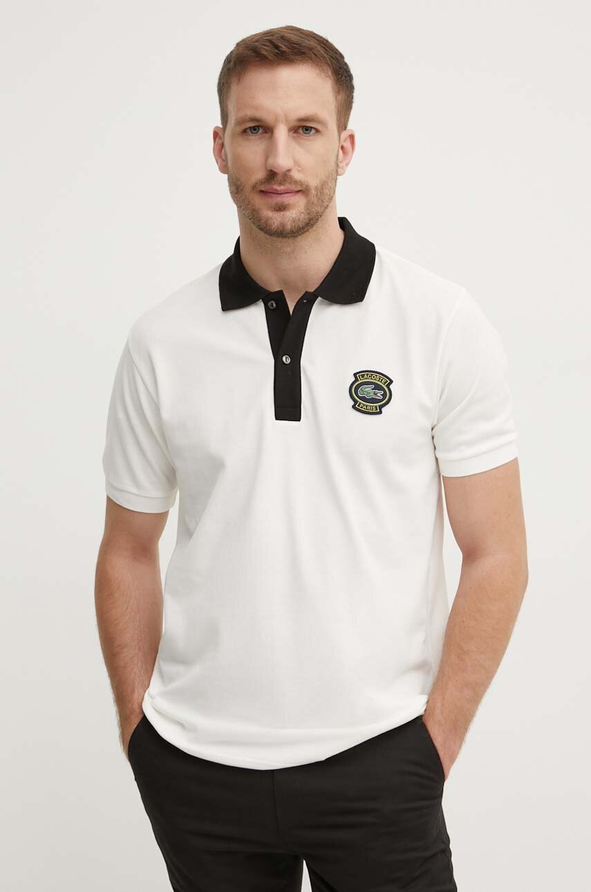 

Памучна тениска с яка Lacoste в бяло с апликация, Бял