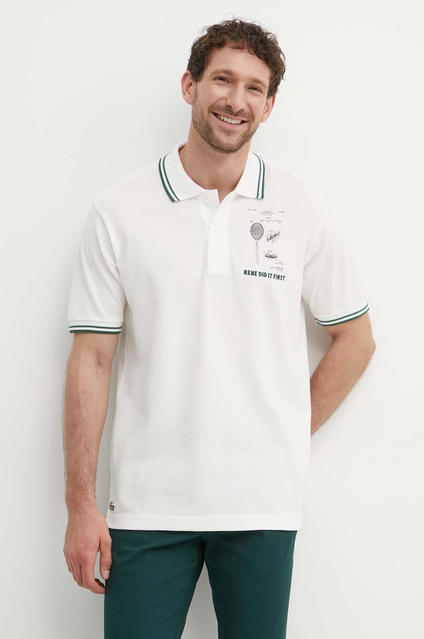 

Памучна тениска с яка Lacoste в бежово с принт, Бежов