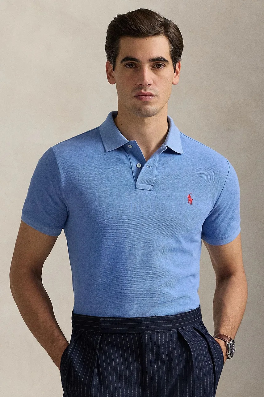 

Памучна тениска с яка Polo Ralph Lauren в синьо с изчистен дизайн 710680784, Син