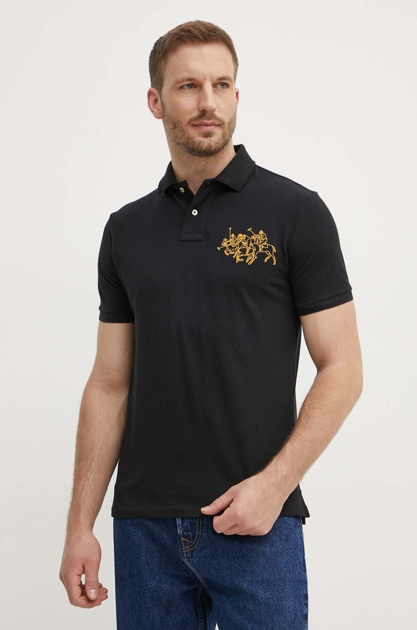

Памучна тениска с яка Polo Ralph Lauren в черно с апликация 710926121, Черен