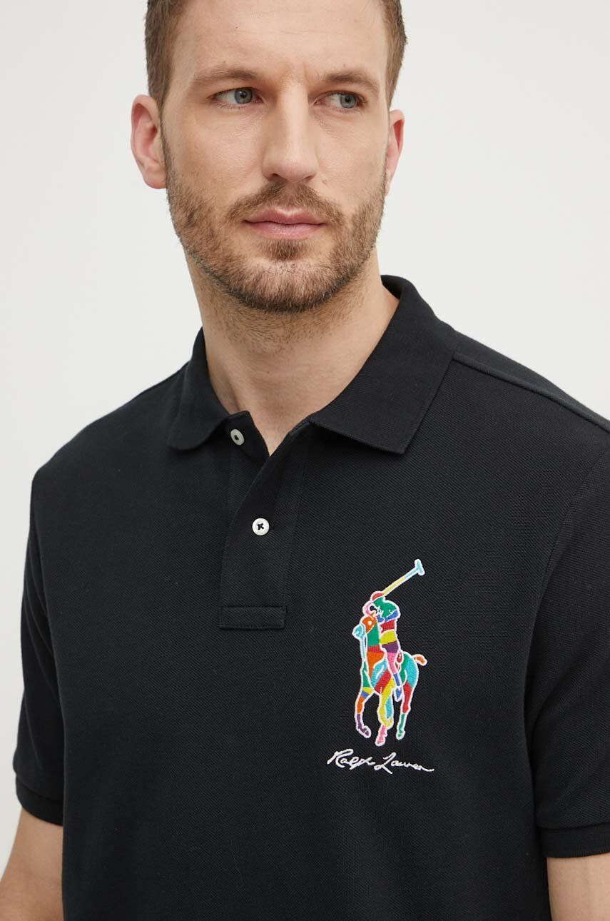 Bavlněné polo tričko Polo Ralph Lauren černá barva, s aplikací, 710926413