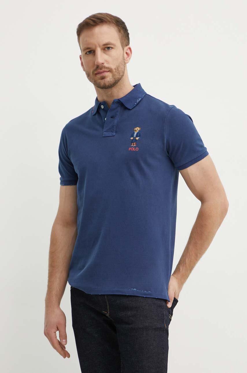 

Памучна тениска с яка Polo Ralph Lauren в тъмносиньо с апликация 710934708, Тъмносин