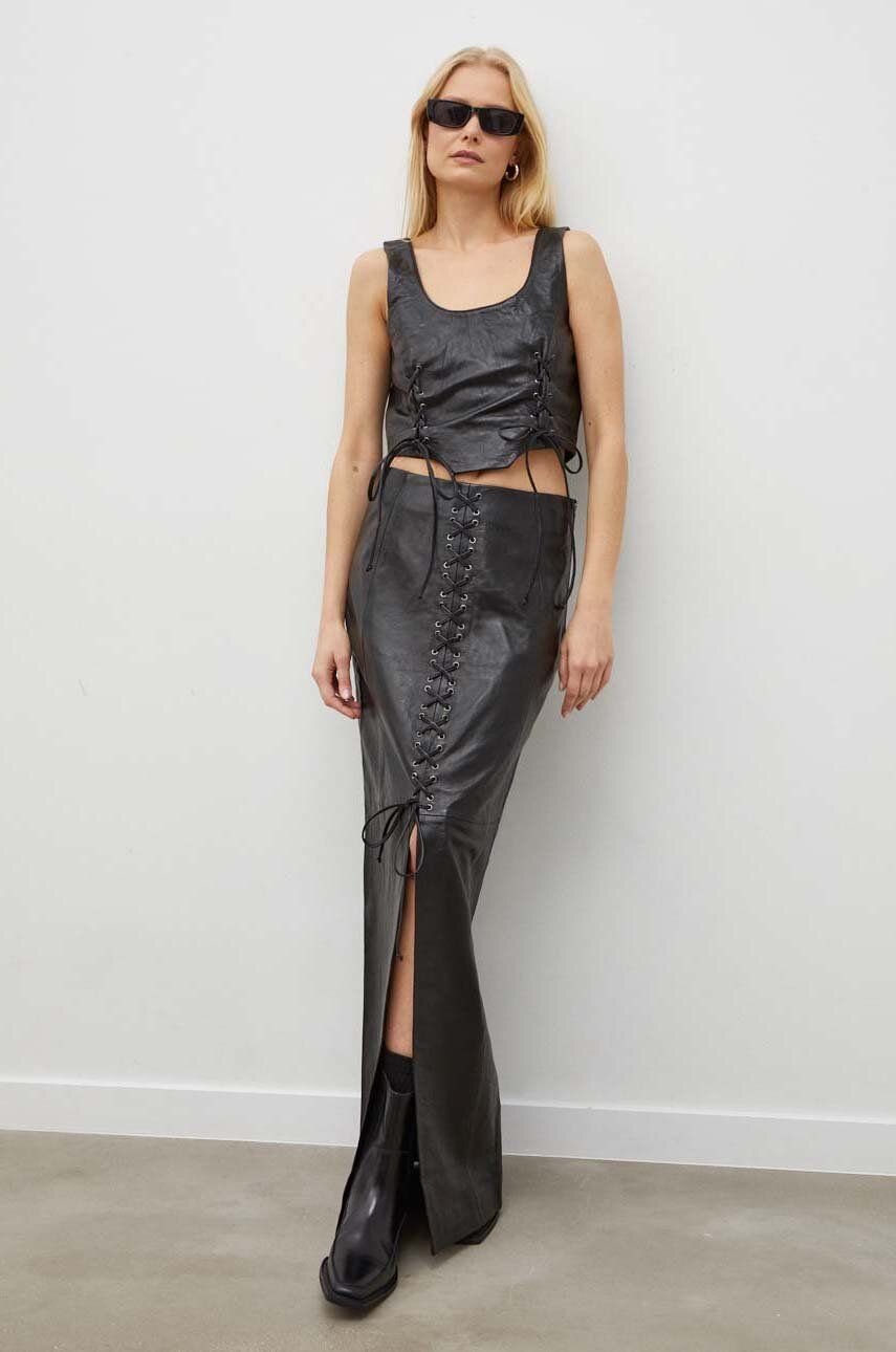 Kožená sukně Gestuz černá barva, maxi, pouzdrová, 10908466