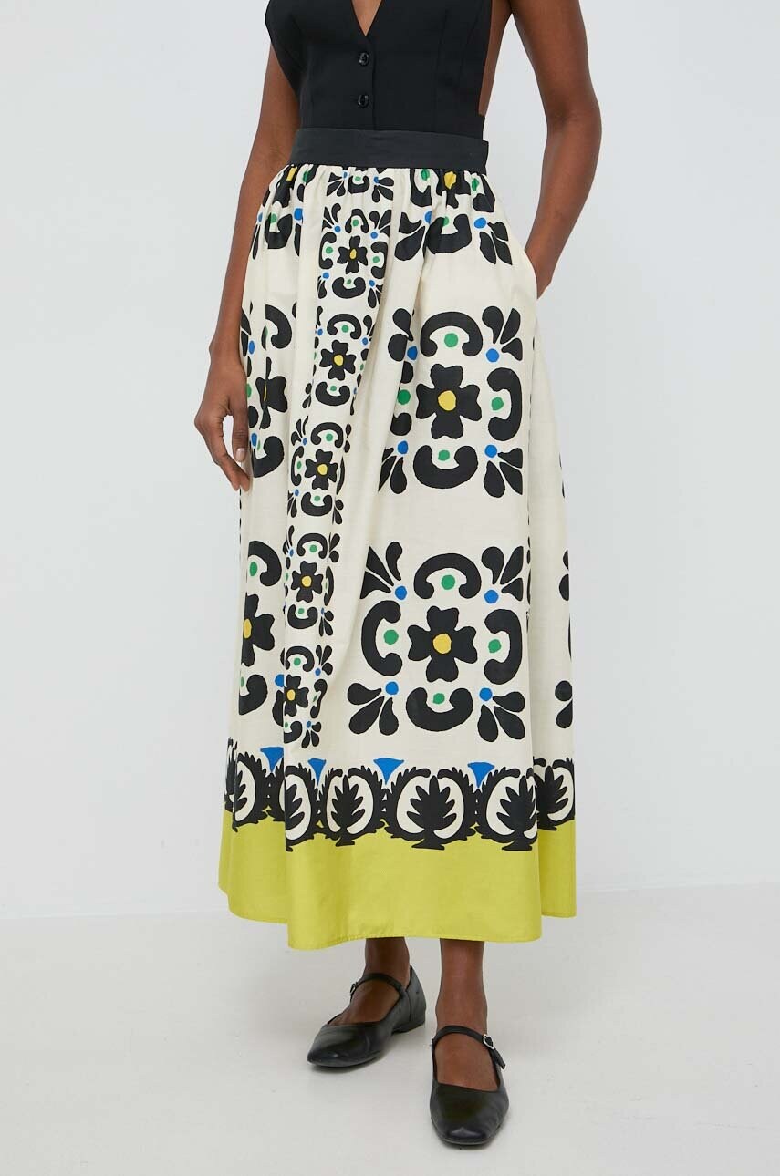 Luisa Spagnoli fusta din bumbac TEMPERINO culoarea galben, maxi, evazati, 540831 - SS24 SDD057 11A F1 Luisa Spagnoli fusta din bumbac TEMPERINO culoarea galben, maxi, evazati, 540831