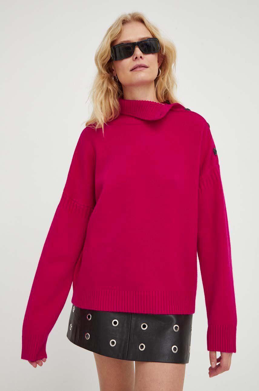 The Kooples pulover de lână femei, culoarea roz, pe gât