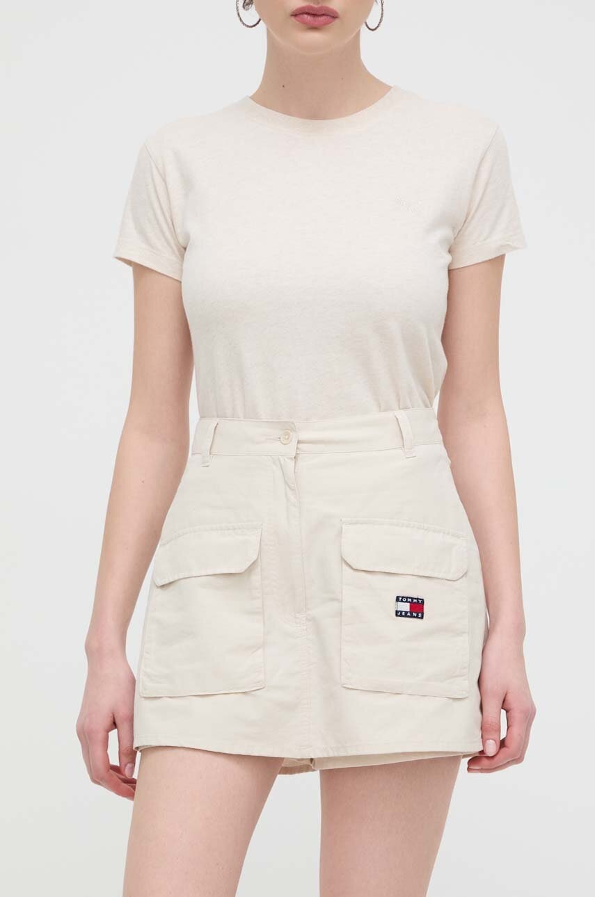 Tommy Jeans fustă pantaloni culoarea bej, mini, drept