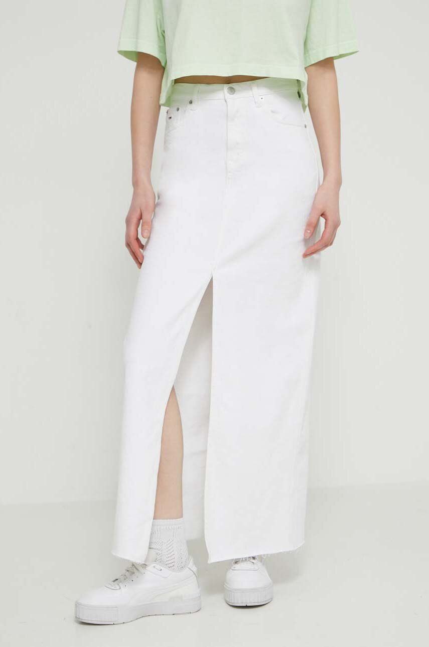 Tommy Jeans fustă din denim culoarea alb, maxi, drept, DW0DW17991