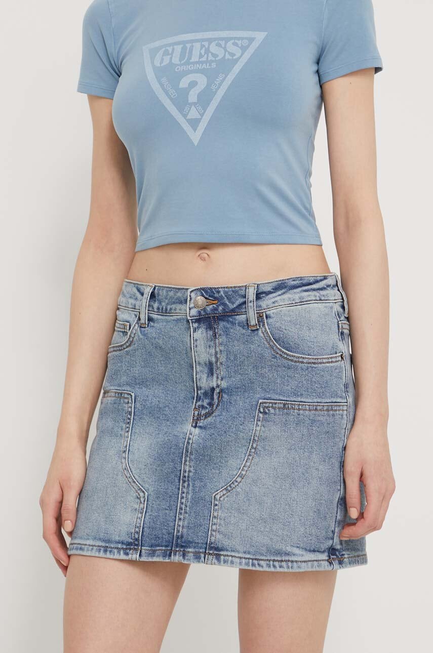 Levně Džínová sukně Guess Originals mini, pouzdrová