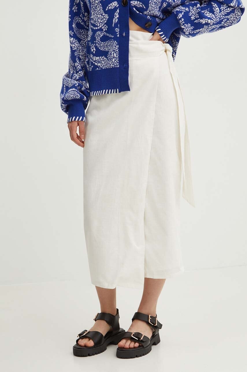 Never Fully Dressed fustă din amestec de in Jaspre Skirt culoarea alb, midi, evazati, NFDSK506