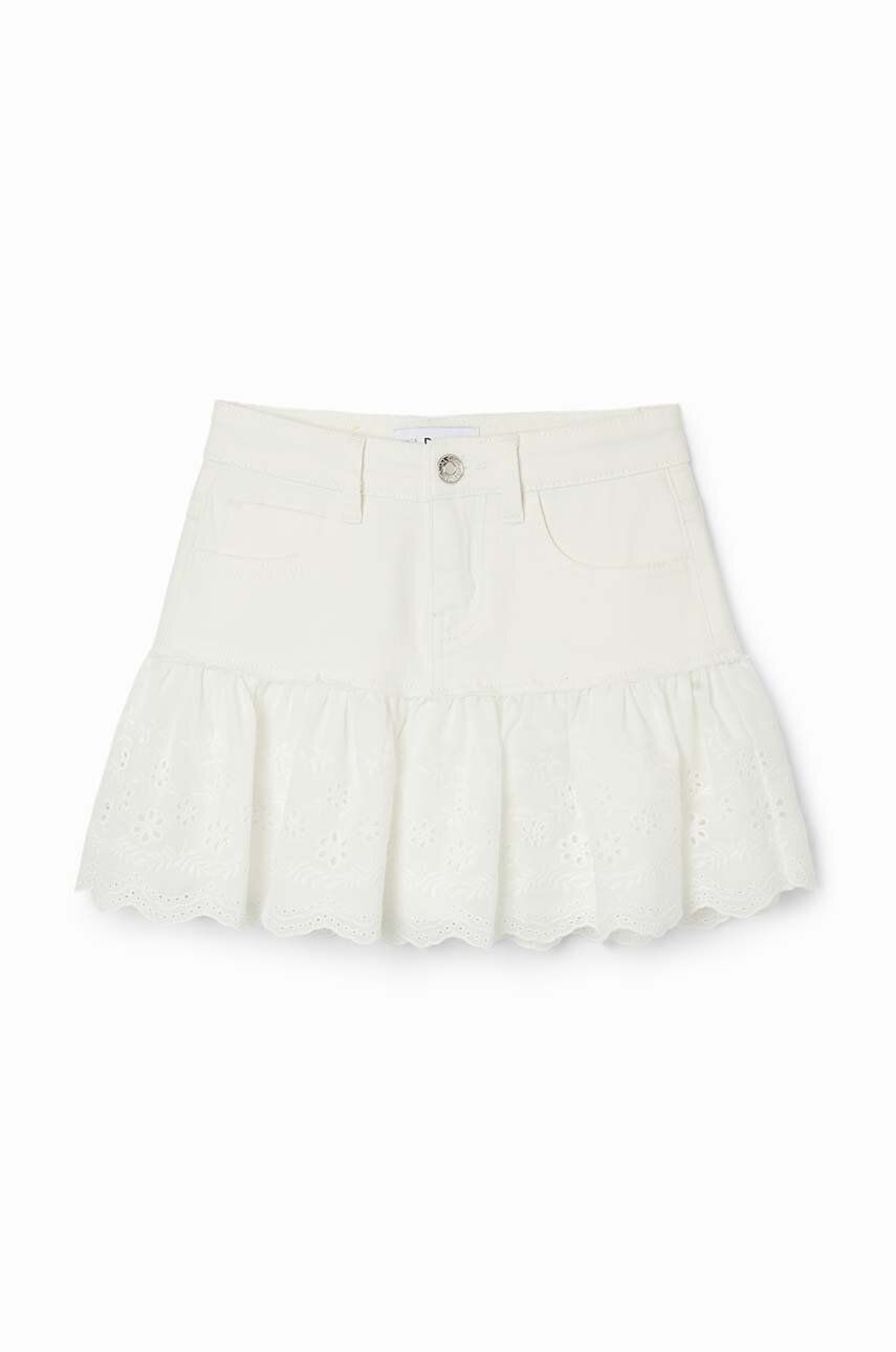 Desigual fusta denim pentru copii culoarea alb, mini, evazati