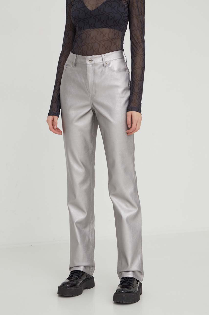 Levně Kalhoty Karl Lagerfeld Jeans dámské, stříbrná barva, jednoduché, high waist