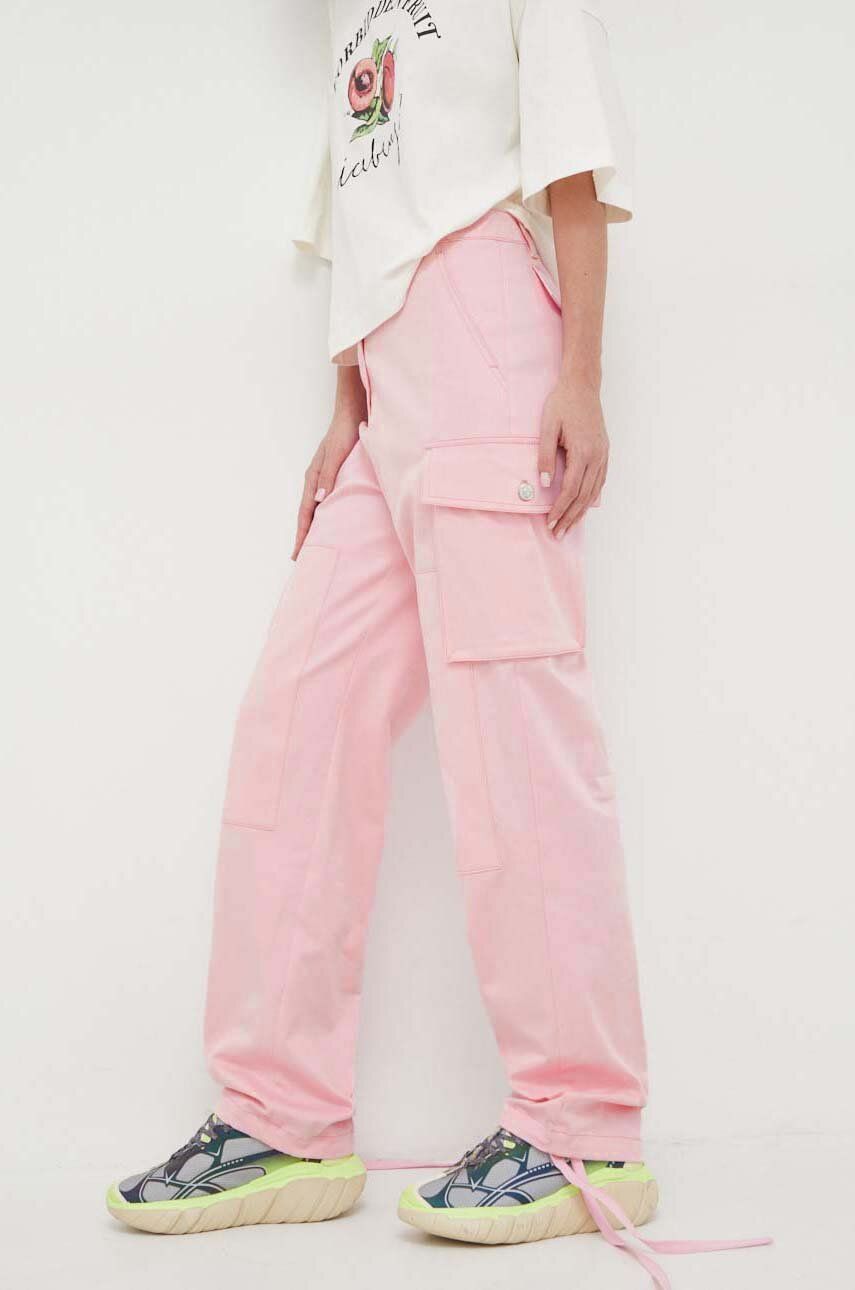 Levně Kalhoty Moschino Jeans dámské, růžová barva, jednoduché, high waist