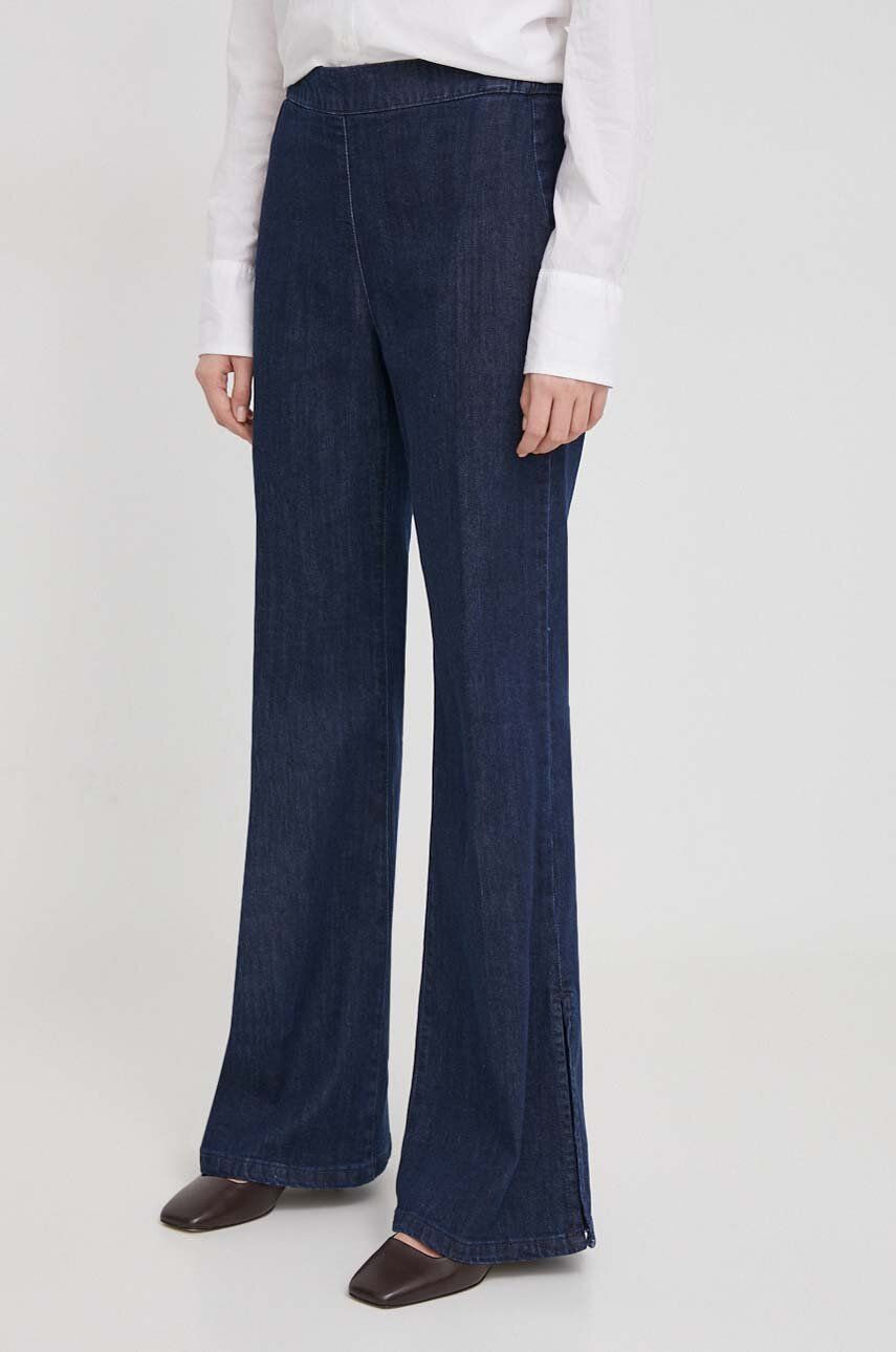 United Colors of Benetton pantaloni femei, culoarea albastru marin, evazati, high waist