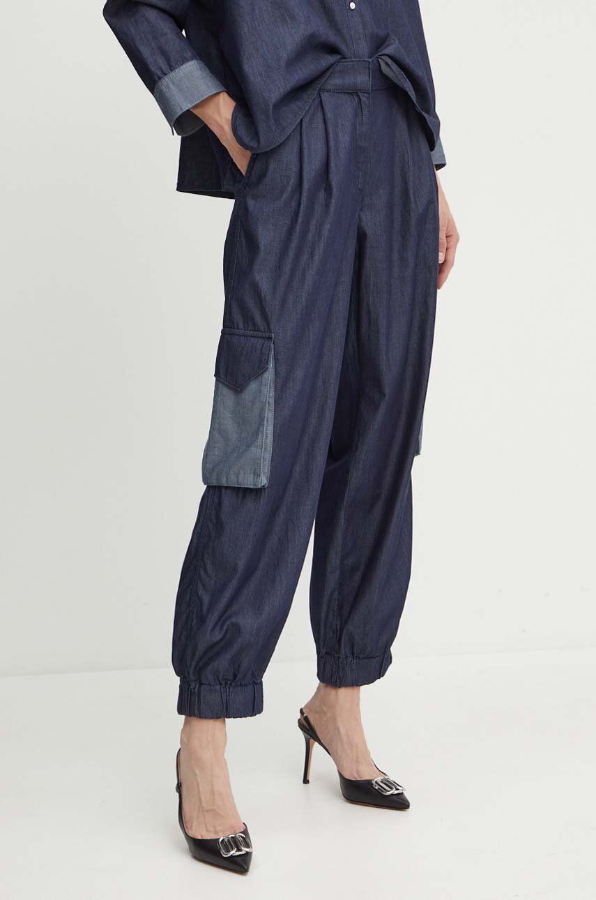 MAX&Co. pantaloni de bumbac culoarea albastru marin, drept, high waist, 2416181053200