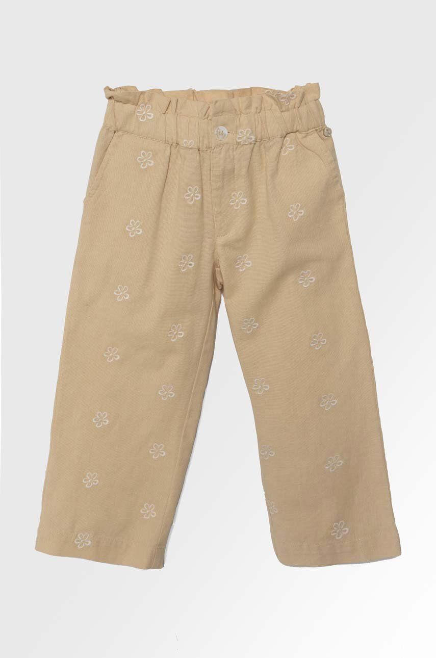 Kalhoty s lněnou směsí pro děti zippy béžová barva, vzorované