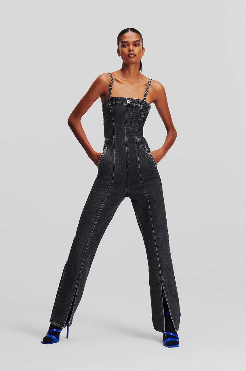 Karl Lagerfeld Jeans salopeta jeans culoarea gri, bumbac, cold shoulder
