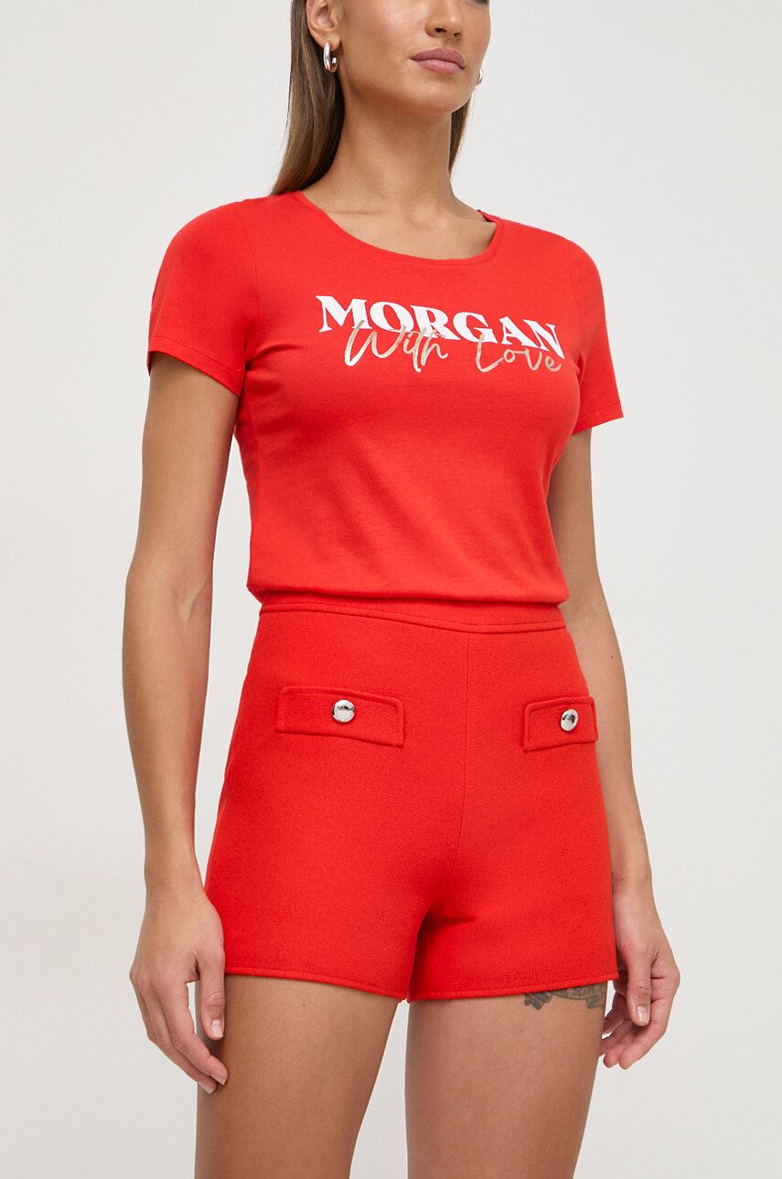 Morgan pantaloni scurti femei, culoarea rosu, neted, high waist