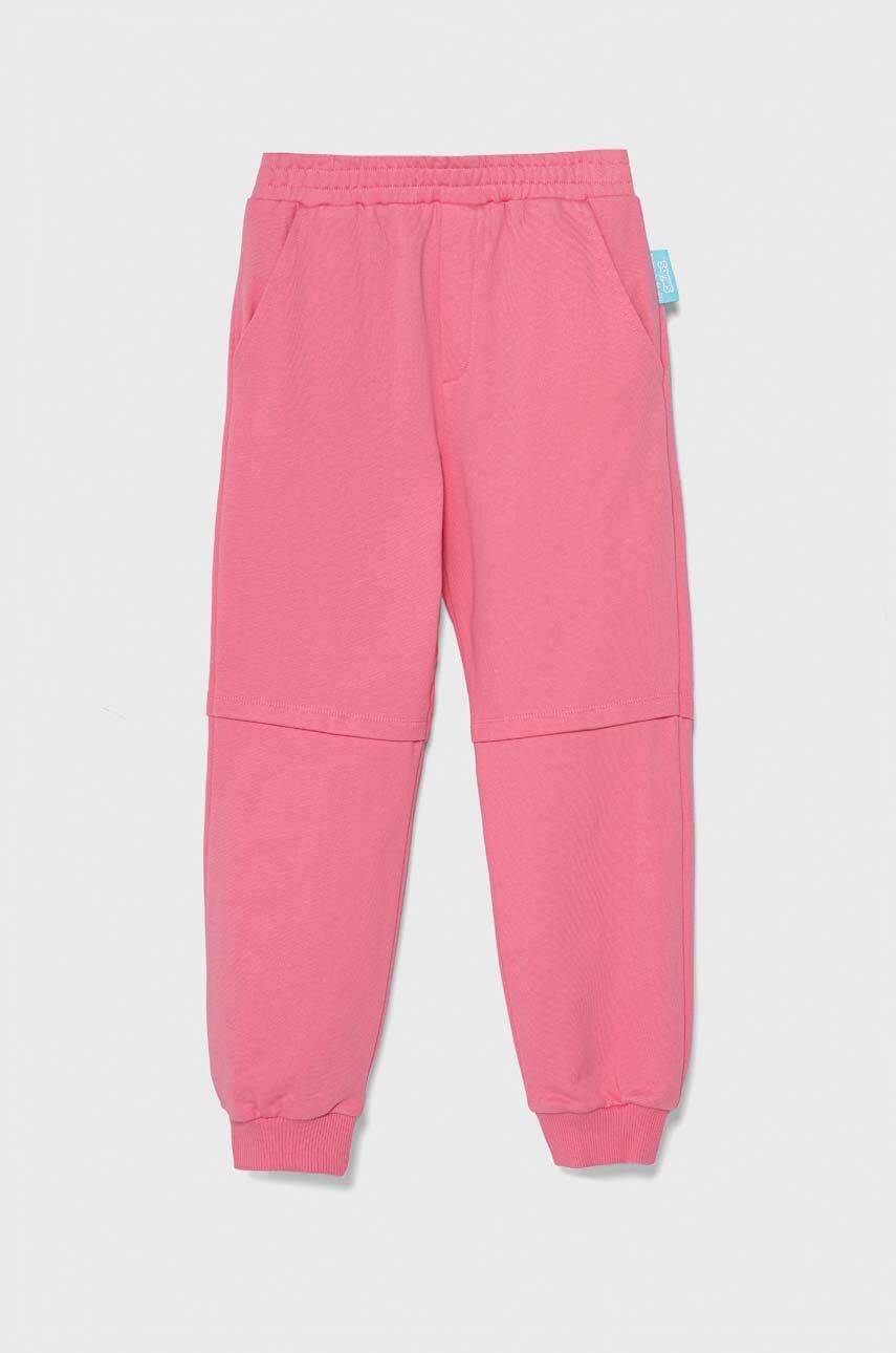 Emporio Armani pantaloni de trening din bumbac pentru copii x The Smurfs culoarea roz, neted