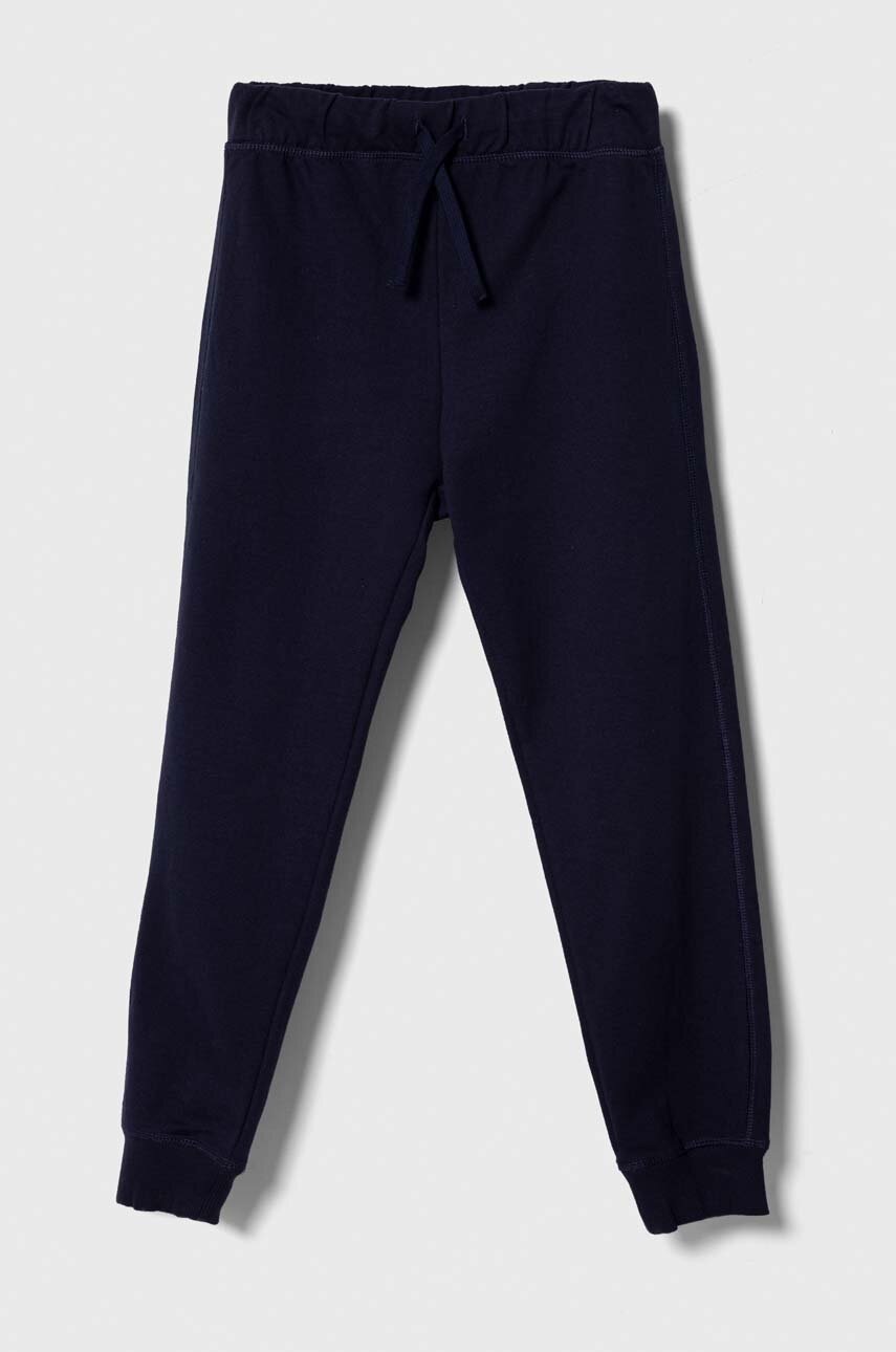 United Colors of Benetton pantaloni de trening din bumbac pentru copii culoarea albastru marin, neted