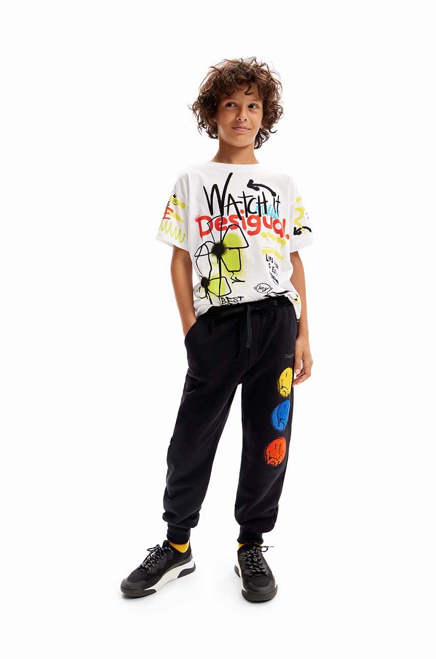 Desigual pantaloni de trening din bumbac pentru copii culoarea negru, cu imprimeu