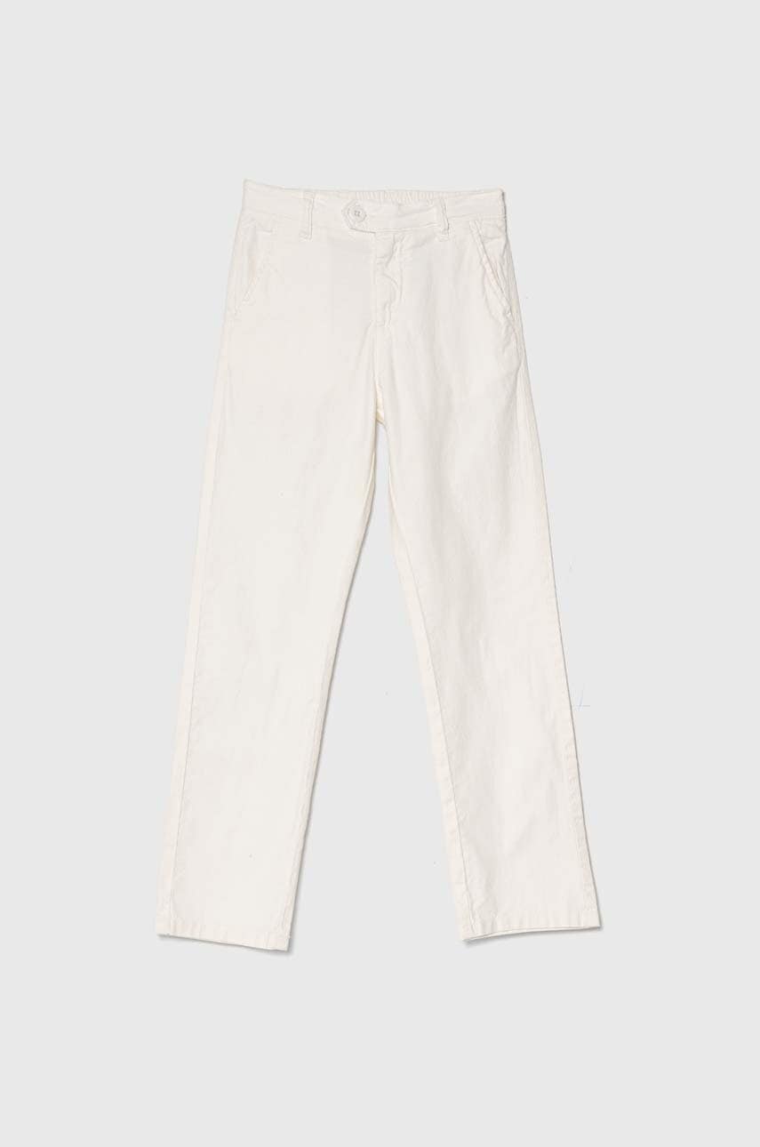 Дитячі штани з домішкою льону Guess колір білий однотонні Дитячі штани з домішкою льону Guess колір білий однотонні