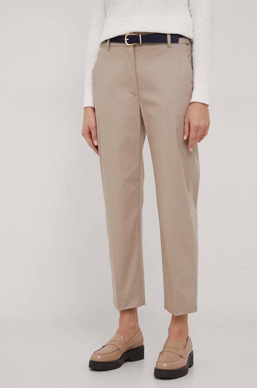 Levně Kalhoty Tommy Hilfiger dámské, béžová barva, jednoduché, high waist, WW0WW40504
