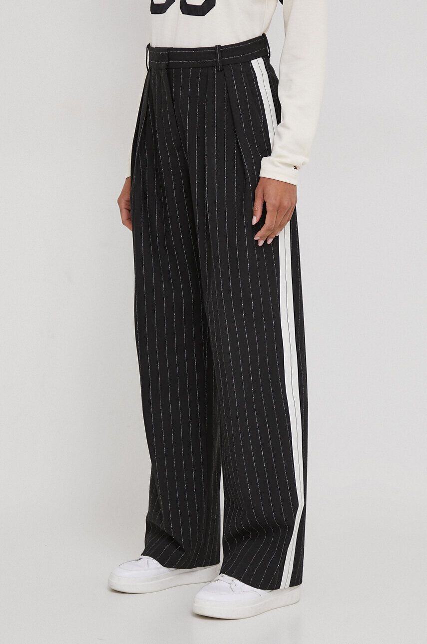Levně Kalhoty Tommy Hilfiger dámské, černá barva, široké, high waist, WW0WW40513