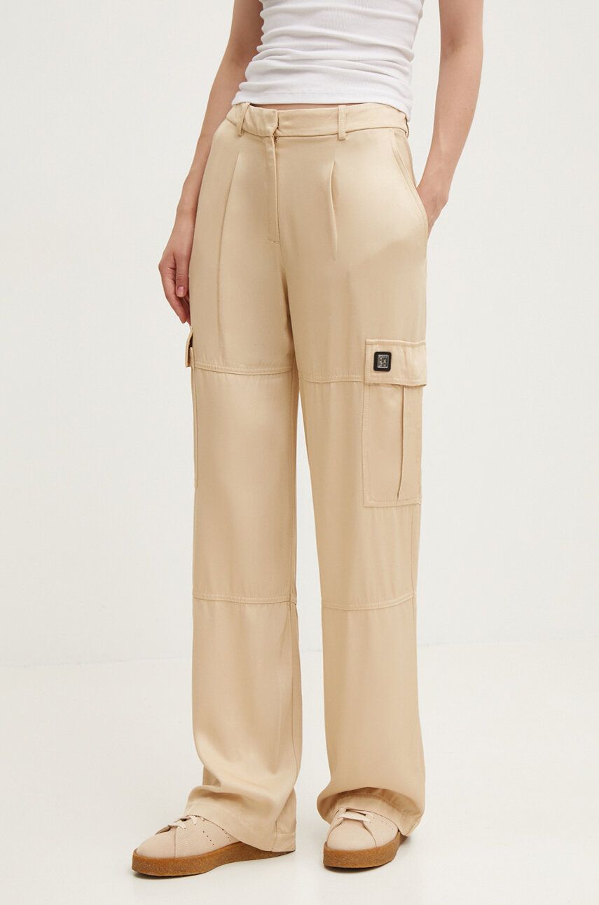 HUGO pantaloni femei, culoarea bej, drept, high waist, 50472062