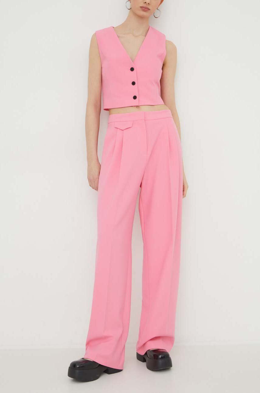 Kalhoty HUGO dámské, růžová barva, jednoduché, high waist, 50508637