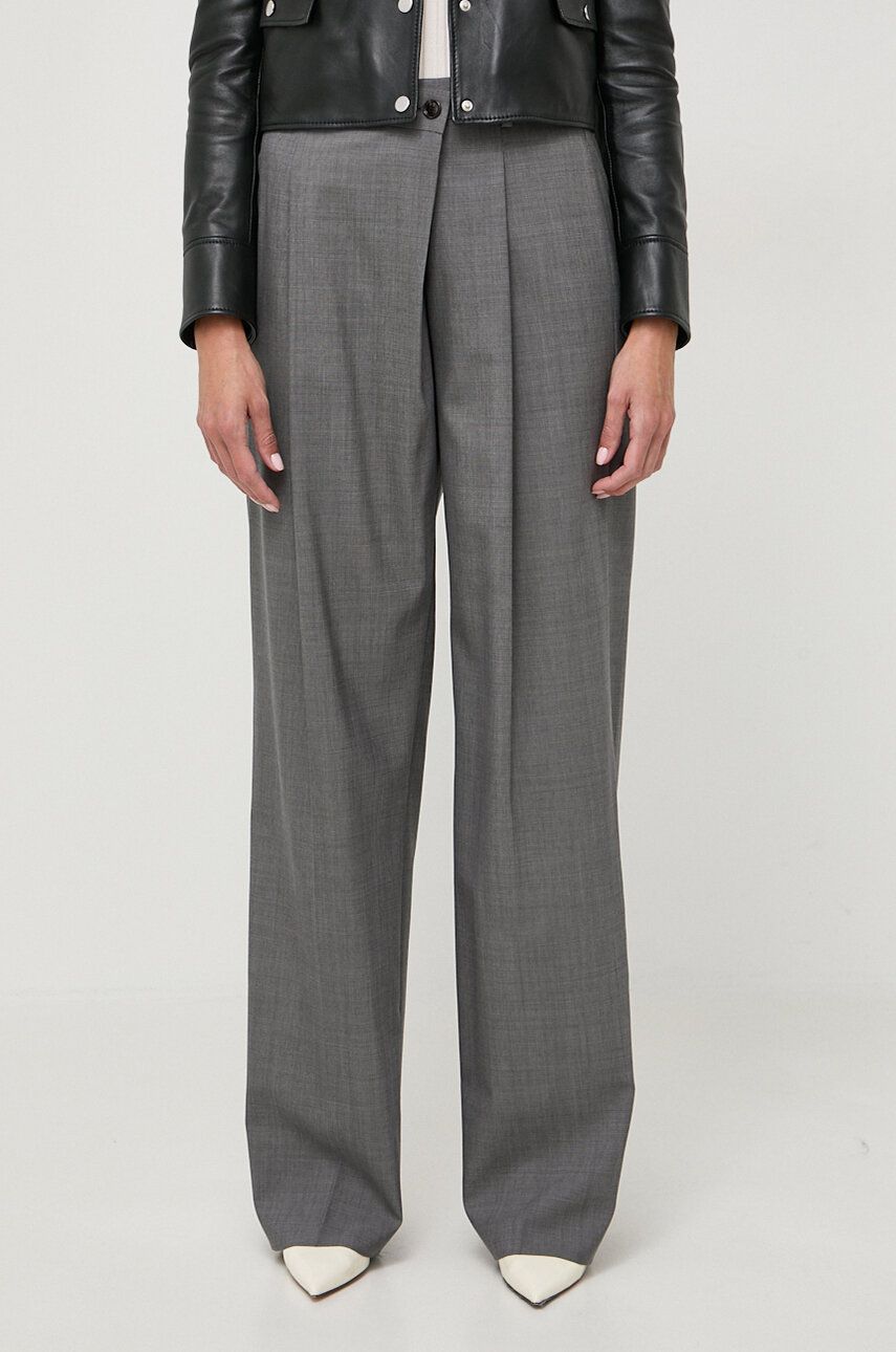 BOSS pantaloni de lana culoarea gri, drept, high waist