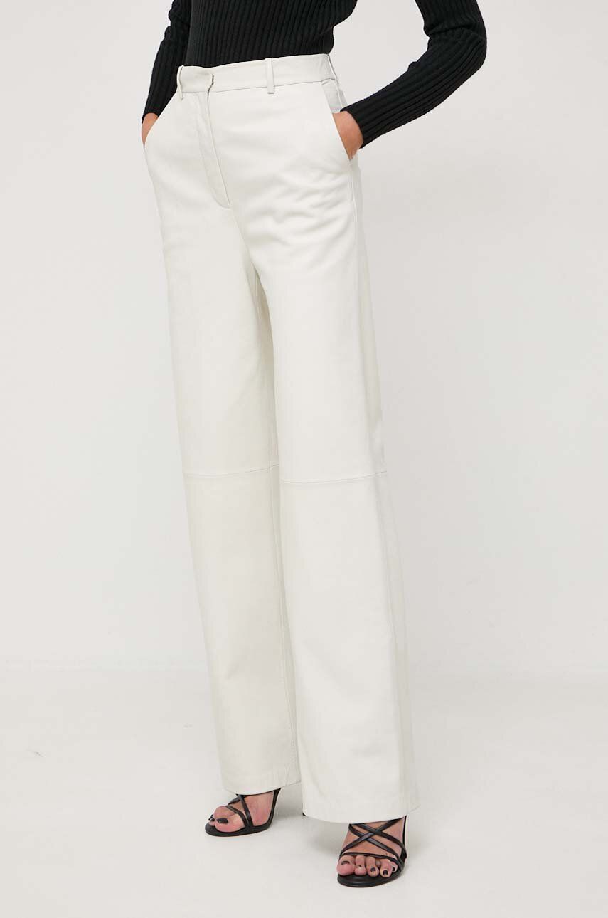 Levně Kožené kalhoty BOSS dámské, béžová barva, jednoduché, high waist, 50516959