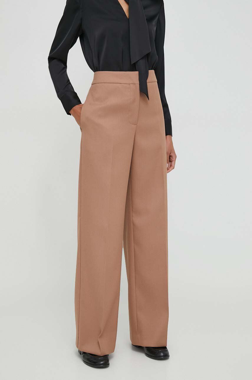 Levně Kalhoty Calvin Klein dámské, béžová barva, jednoduché, high waist, K20K206333