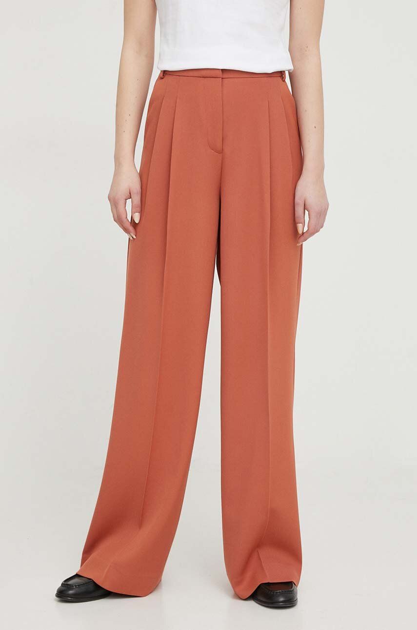 Levně Kalhoty s příměsí vlny Calvin Klein hnědá barva, široké, high waist, K20K206335