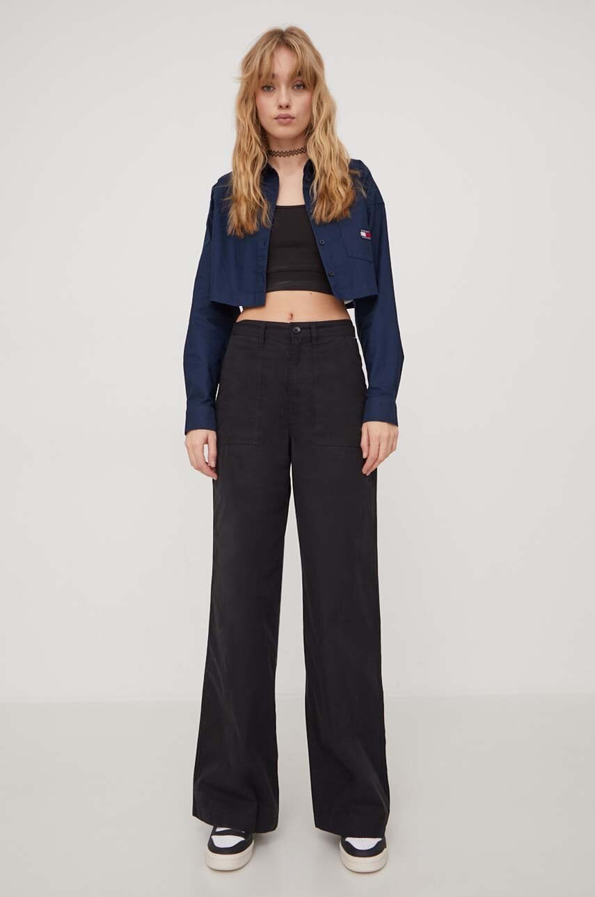 Tommy Jeans pantaloni de bumbac culoarea negru, lat, high waist