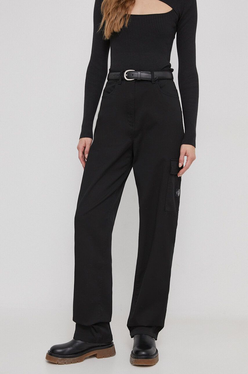 Levně Kalhoty Calvin Klein Jeans dámské, černá barva, jednoduché, high waist