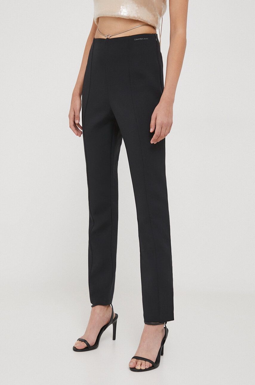Levně Kalhoty Calvin Klein Jeans dámské, černá barva, přiléhavé, high waist