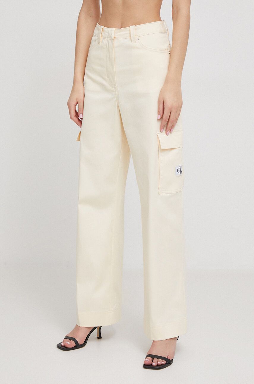 Levně Kalhoty Calvin Klein Jeans dámské, béžová barva, jednoduché, high waist