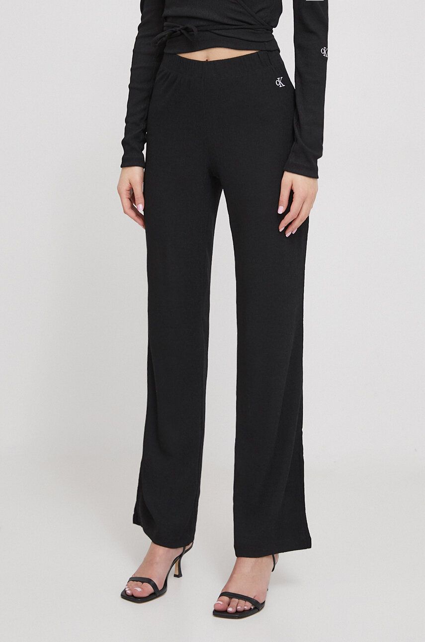 Levně Kalhoty Calvin Klein Jeans dámské, černá barva, široké, high waist, J20J222685