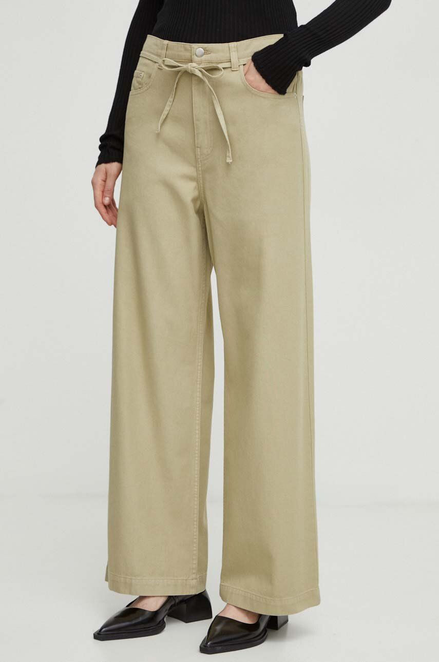 Day Birger et Mikkelsen pantaloni de bumbac culoarea verde, lat, high waist