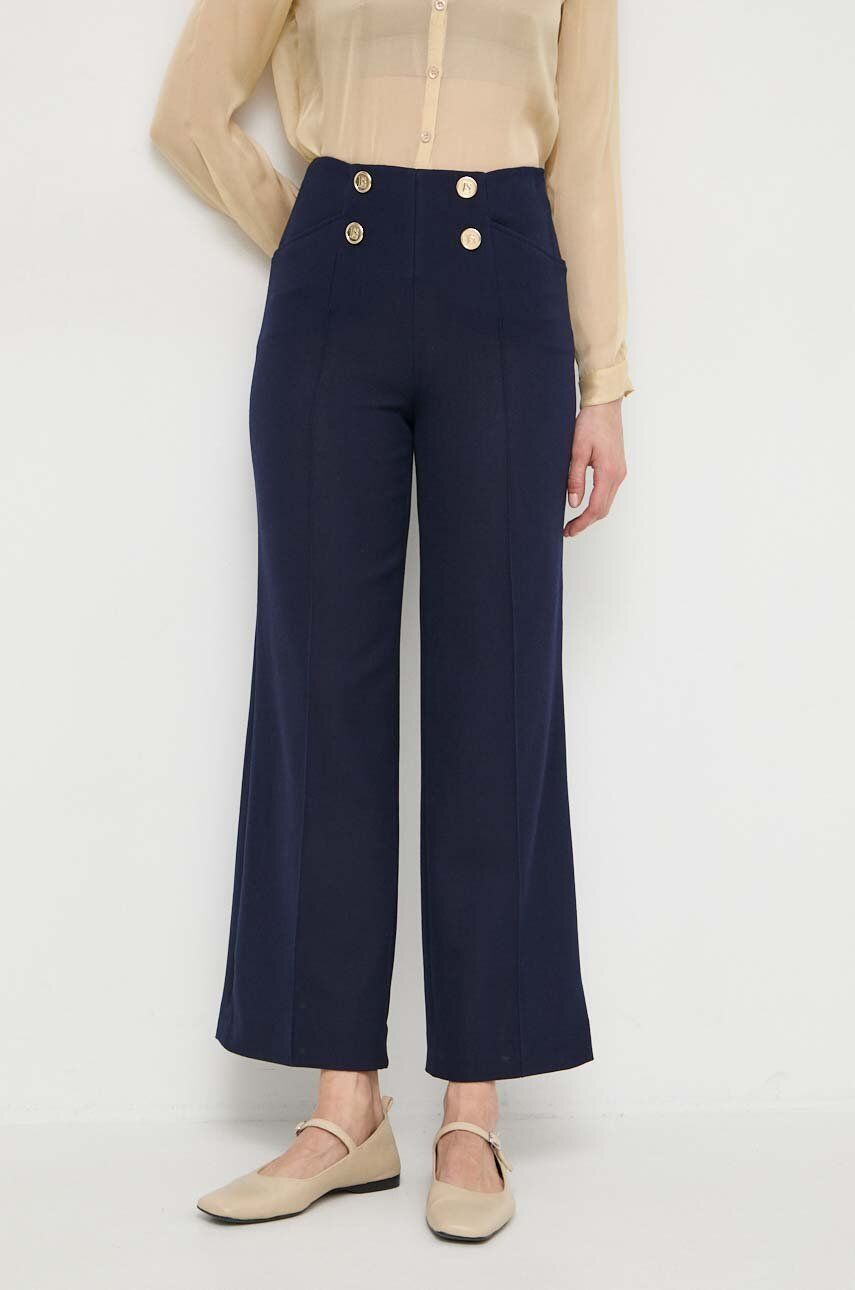 Luisa Spagnoli pantaloni de bumbac culoarea albastru marin, drept, high waist