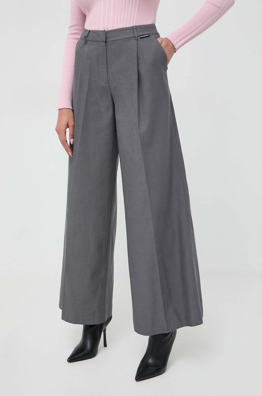 Levně Kalhoty Karl Lagerfeld dámské, šedá barva, široké, high waist