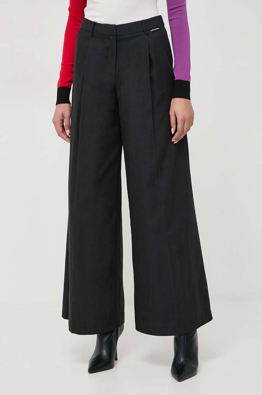 Levně Kalhoty Karl Lagerfeld dámské, černá barva, široké, high waist