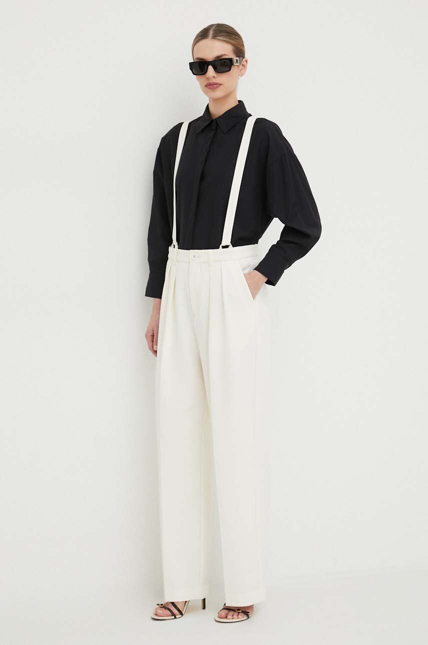 Kalhoty Custommade Pien dámské, béžová barva, jednoduché, high waist, 999825531
