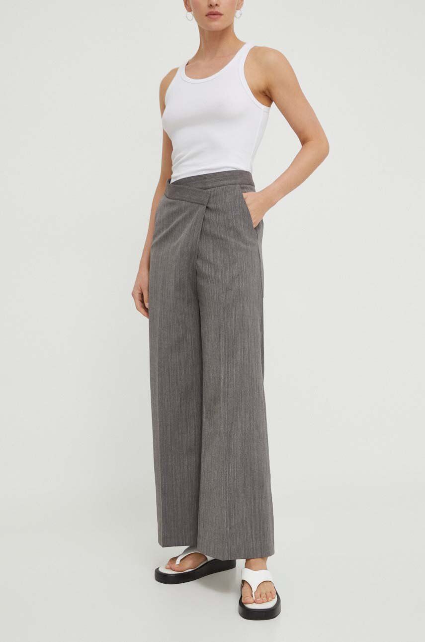 Lovechild pantaloni femei, culoarea gri, lat, high waist